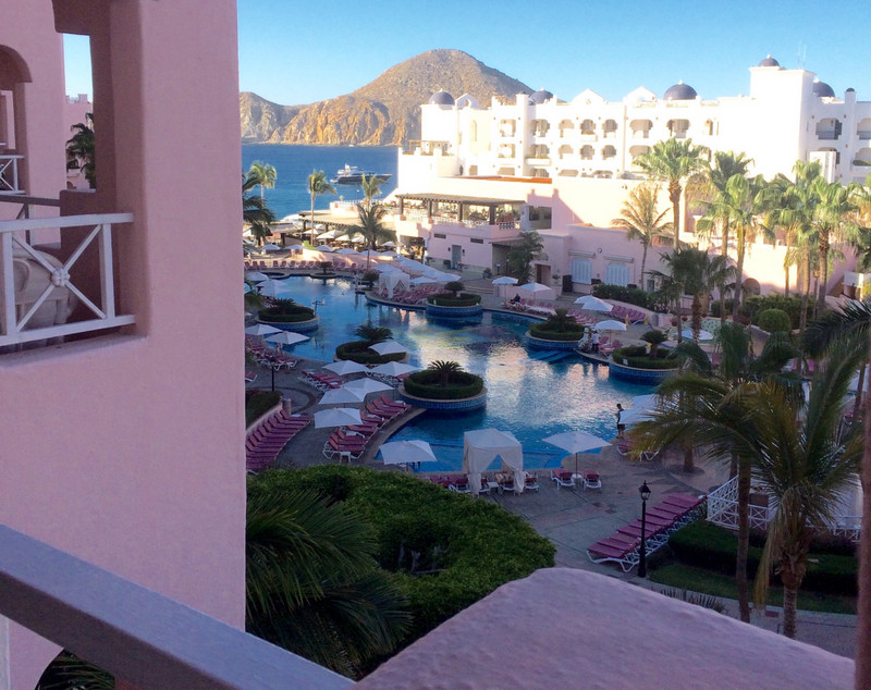 view from our Pueblo Bonito resort balcony, across the pool to the sea