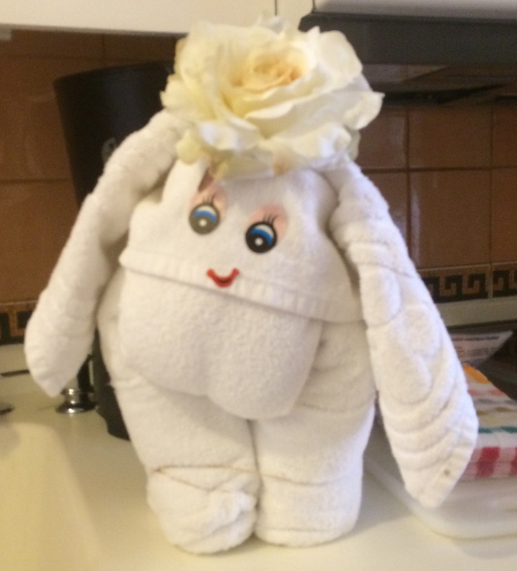 Towel animal carried a flower