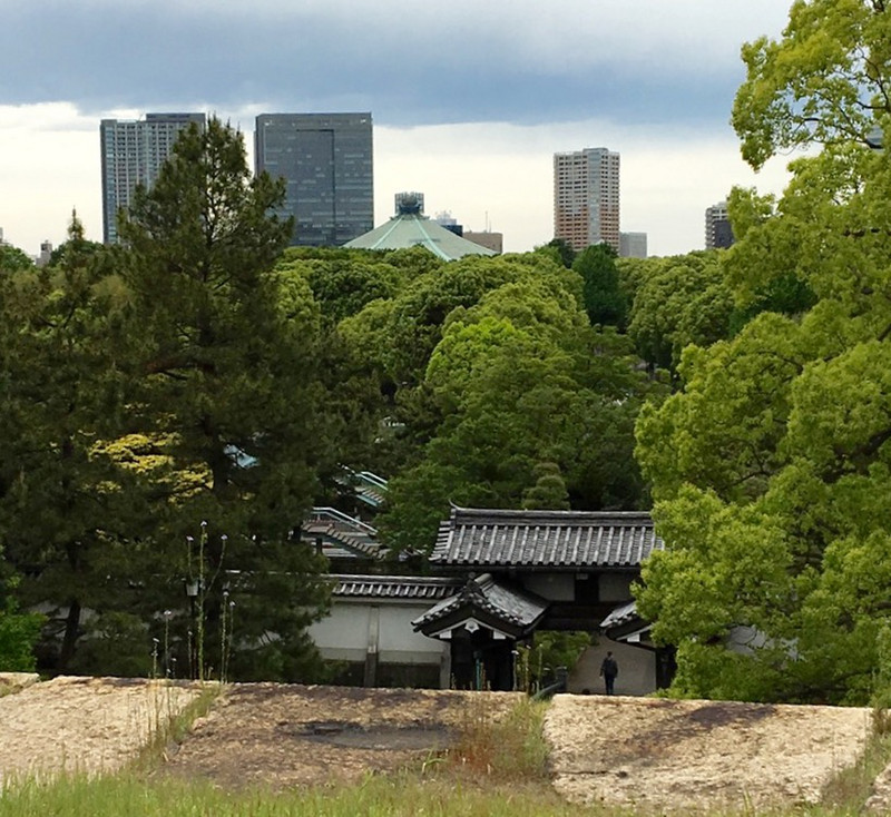 Budokan green roof seen from East Garden heights - famous performers include the Beatles in 1966