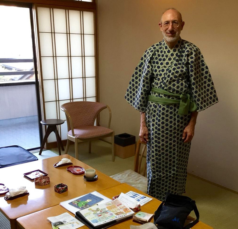 contrast the Yukata at breakfast in our Takayama room vs the formal Kimono for tea in Kyoto