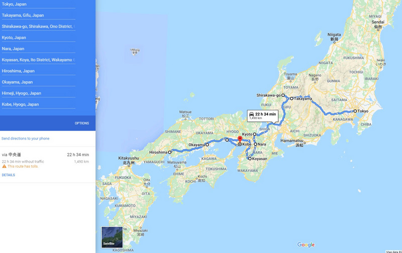Our tour route around Japan (Google map)