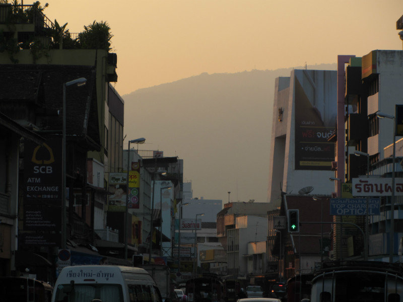 Busy street with view of mountain