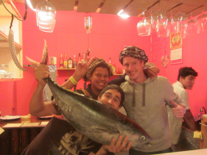 Andrea and I with the eccentic and friendly sushi chef and freshly caught tuna