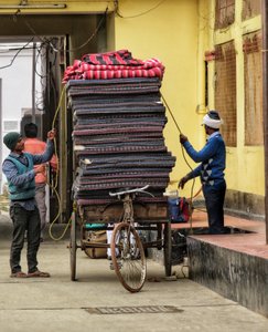 Thin mattresses piled on a bicycle trailer