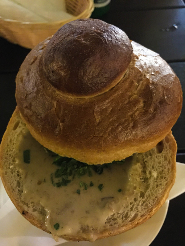 Bread roll filled with mushroom soup