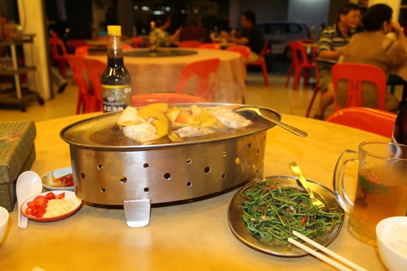 Red snapper with Ayam and stir fried Midin with belacan
