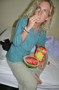 And this is actually our dinner, lots of crisps with watermelon