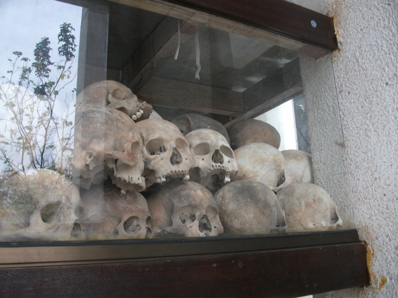 Skulls held in a memorial at Choeung Ek, Killing Fields
