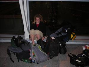 Elena resting in JFK with our gear.