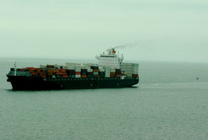 Passing a container ship as we go outbound