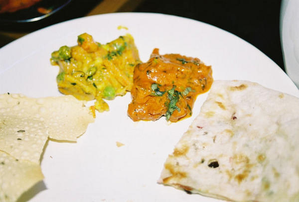 Poppadum, Vegetable Kurma, Chicken Tikka Masala and Naan..