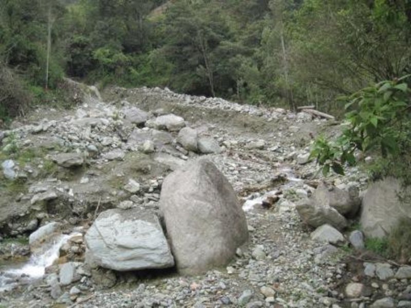 Banos debris flow material rock in forground is 3 meters