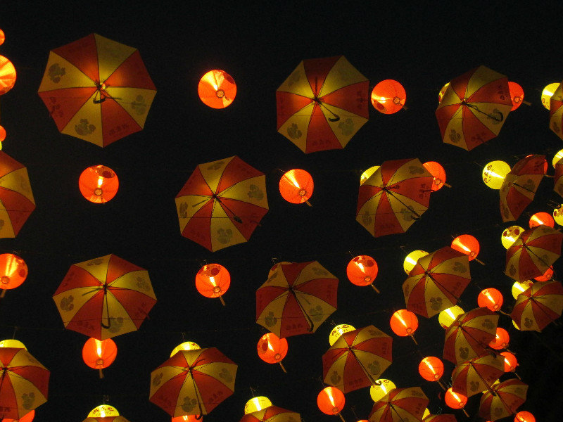 Lanterns and umbrellas above the street