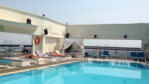 Roof pool with cabanas, 21st floor of the Riverside Renaissance, 350,000 for the day. Get there early!