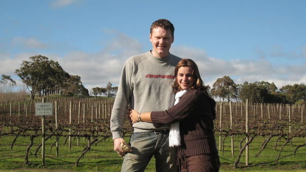 Little & Large in the sunshine at a vineyard in the Yarra Valley