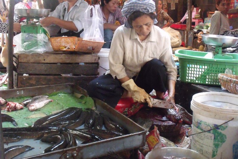A lady preparing fish for sale