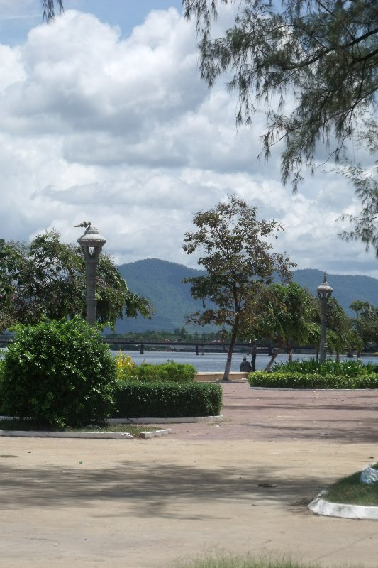 Bokor Mountain in the distance from a riverside walk