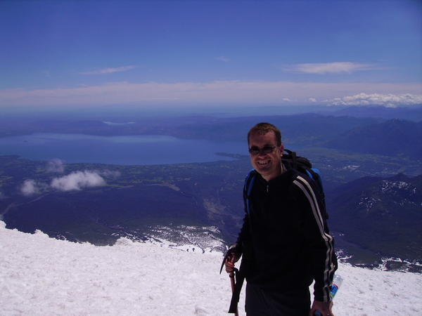 On volcano, Lake Villarica in backdrop