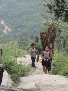 Kinder am Holz sammeln