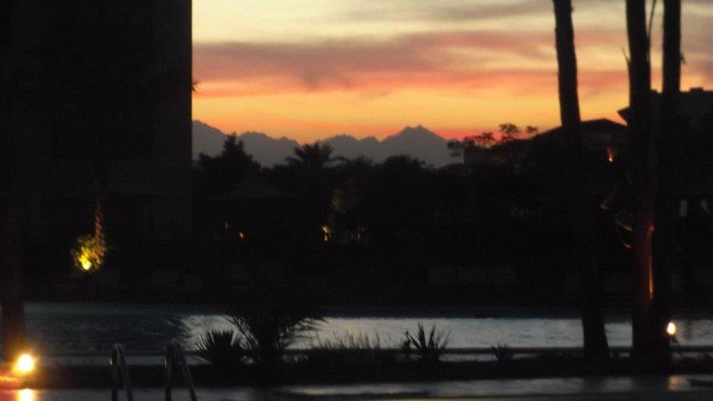 pool, sunset, mountains