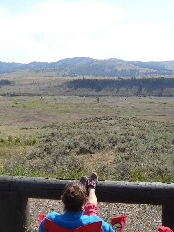 Great spot for sunbathing looking across valley to herds of bison