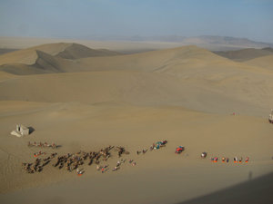 Chinese tourists on camels and then going up the dune