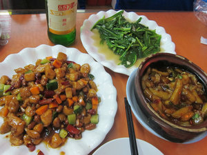 Gong bao Chicken + eggplant + greens