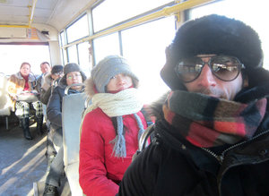 in the bus in Harbin. Becky knows I don't like it when she shows me her tongue!