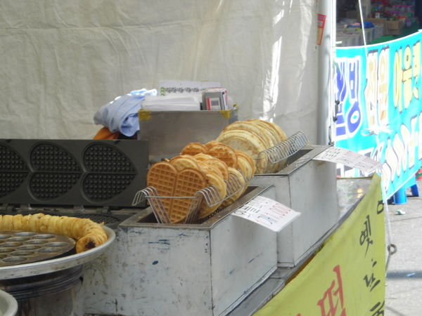 freshly baked waffles and bean paste filled balls? mmmm...