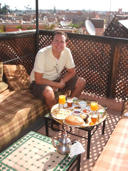 Quiet breakfast on the roof terrace of the Riad, to the sound of the Mosque