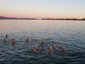 All the swimmers at sunset Lake Argyle