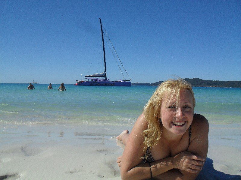 Amelia and the boat from Whitehaven Beach