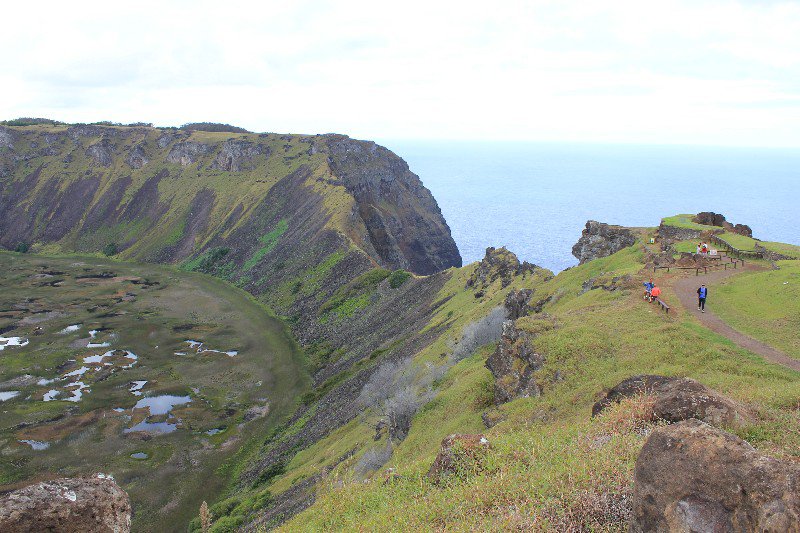 Crater Ranu Kau with platform for the final birdman ceremony (right)