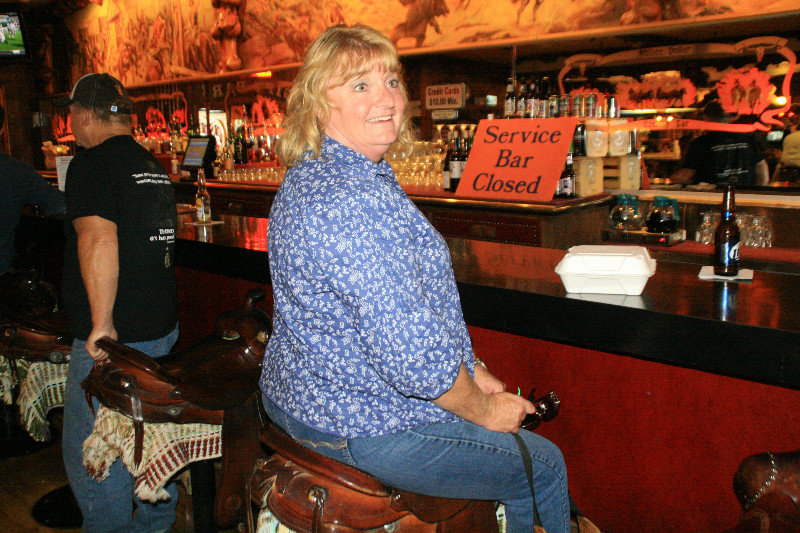 Silver Dollar Saloon - Jill trying out the saddle
