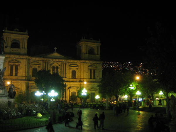 Central plaza at night.