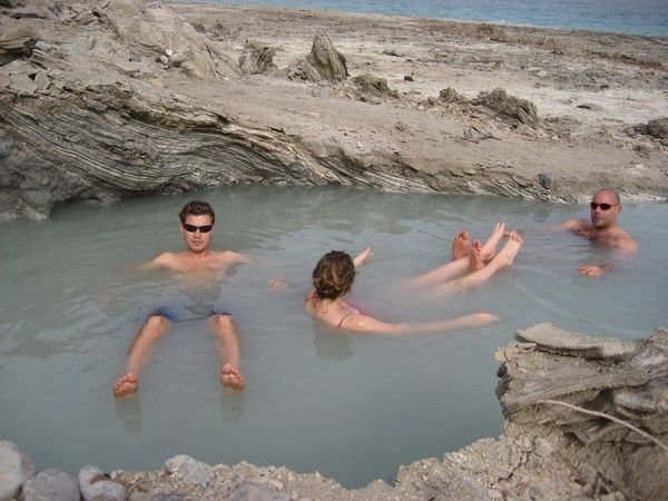 Me, Gaelle and Oz doing relaxing in a natural hot spring at the shore of the dead sea