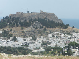 Acropolis on top and town of Lindos on the slopes