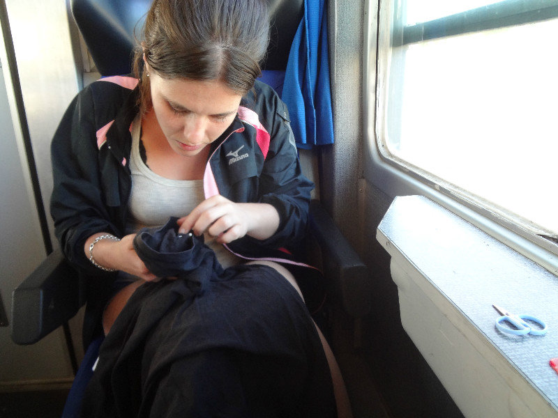 No downtime wasted... knitting on the go!