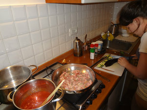 Our first attempt at cooking abroad.. spaghetti bolognese complete with bacon bits