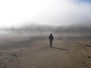 Walking across the misty south crater