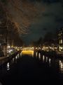 Lighted bridge at night