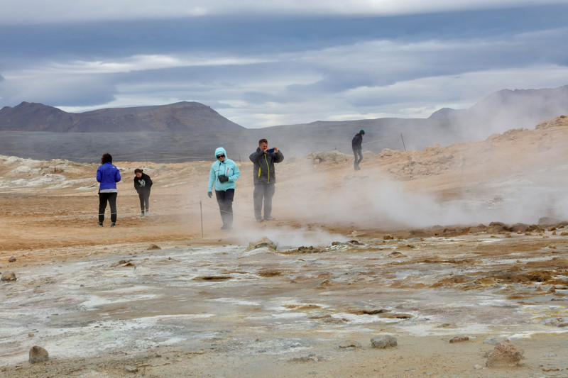 Walking through Hverarondor Hverir volcanic boiling water, mud pots, craters and steam vents
