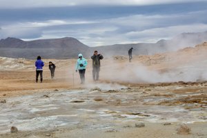 Walking through Hverarondor Hverir volcanic boiling water, mud pots, craters and steam vents