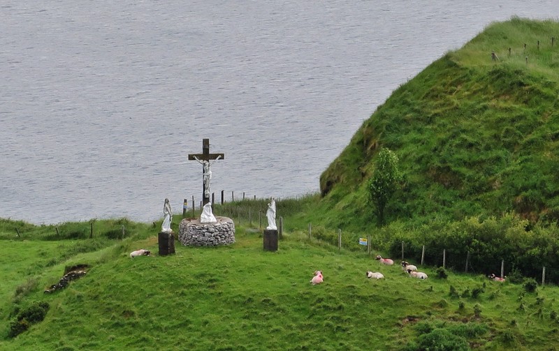 Calvary statues and Dalesbred sheep