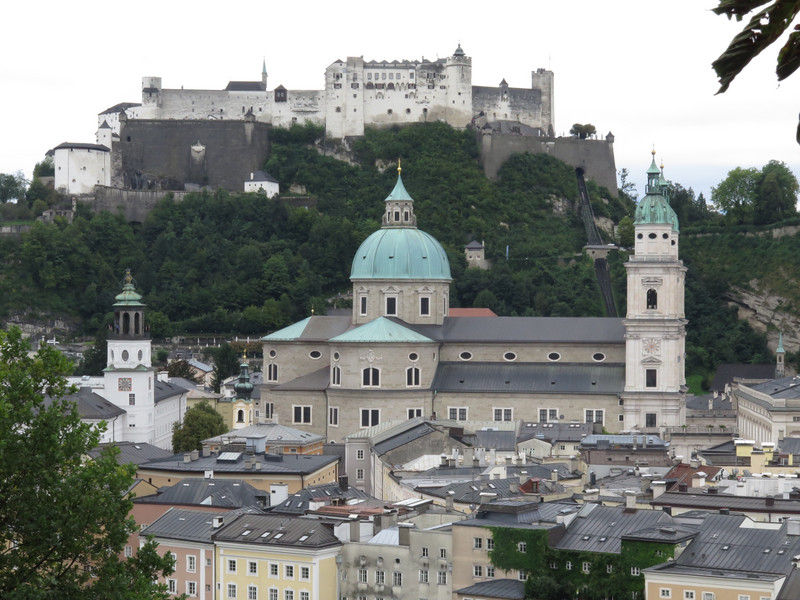 View of Hohensalzburg Castle from top of Kapuziner Kloster park