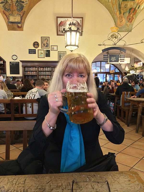 Me sipping from a large beer at the Hofbrauhaus