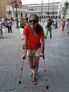 Beth  on crutches in St Mark's Square
