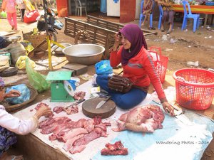 Meat for sale in a small rural village market - Cambodia