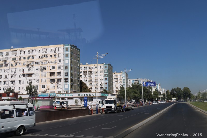 Soviet-style apartments and wide roads in Tashkent