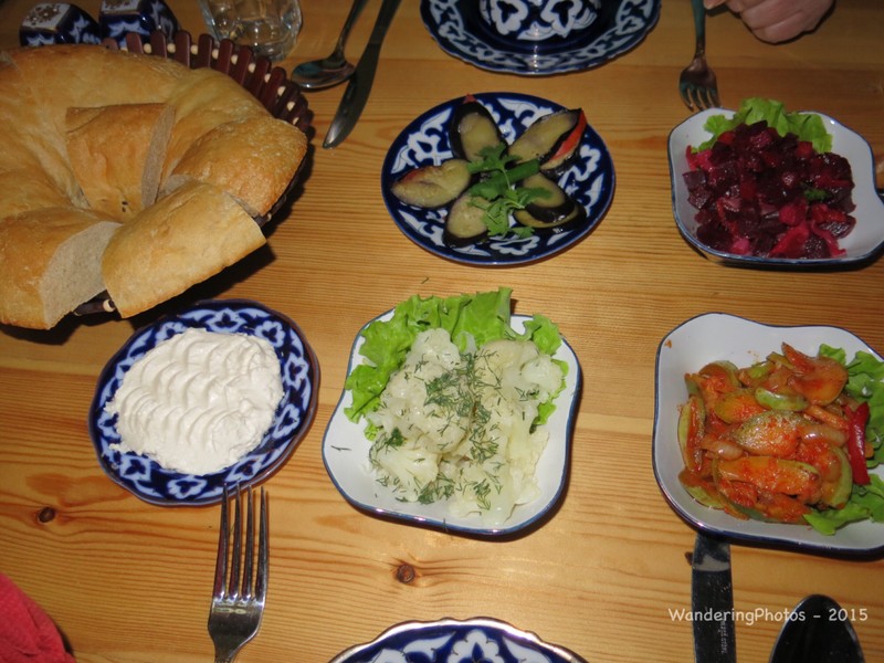 Dishes of vegetable salad for starters, bread & yoghurt